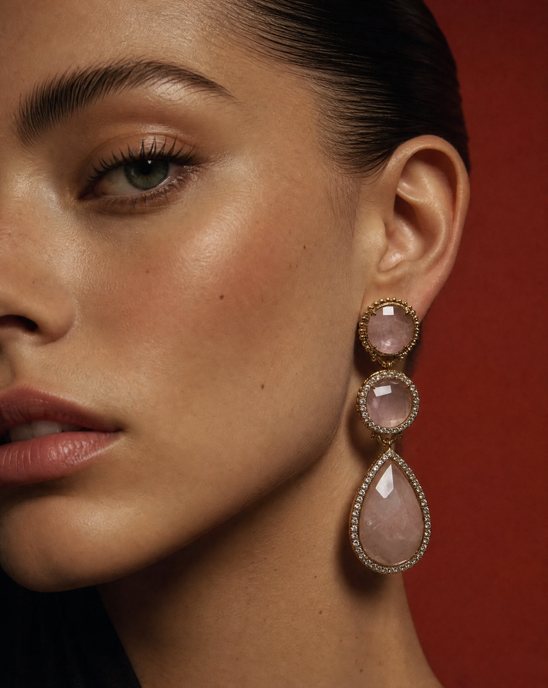 Rose Quartz Triple Drop Statement Earrings | Maximalist Earrings Wholesale