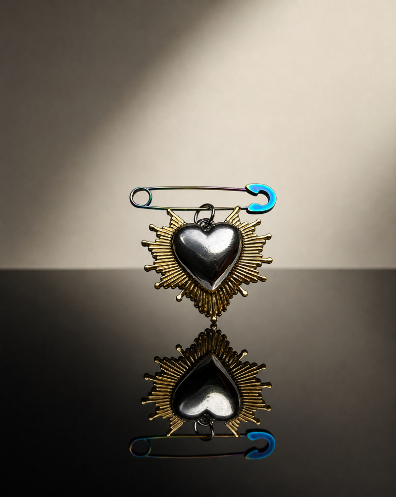 Heart Pin Brooch Sunburst Steel