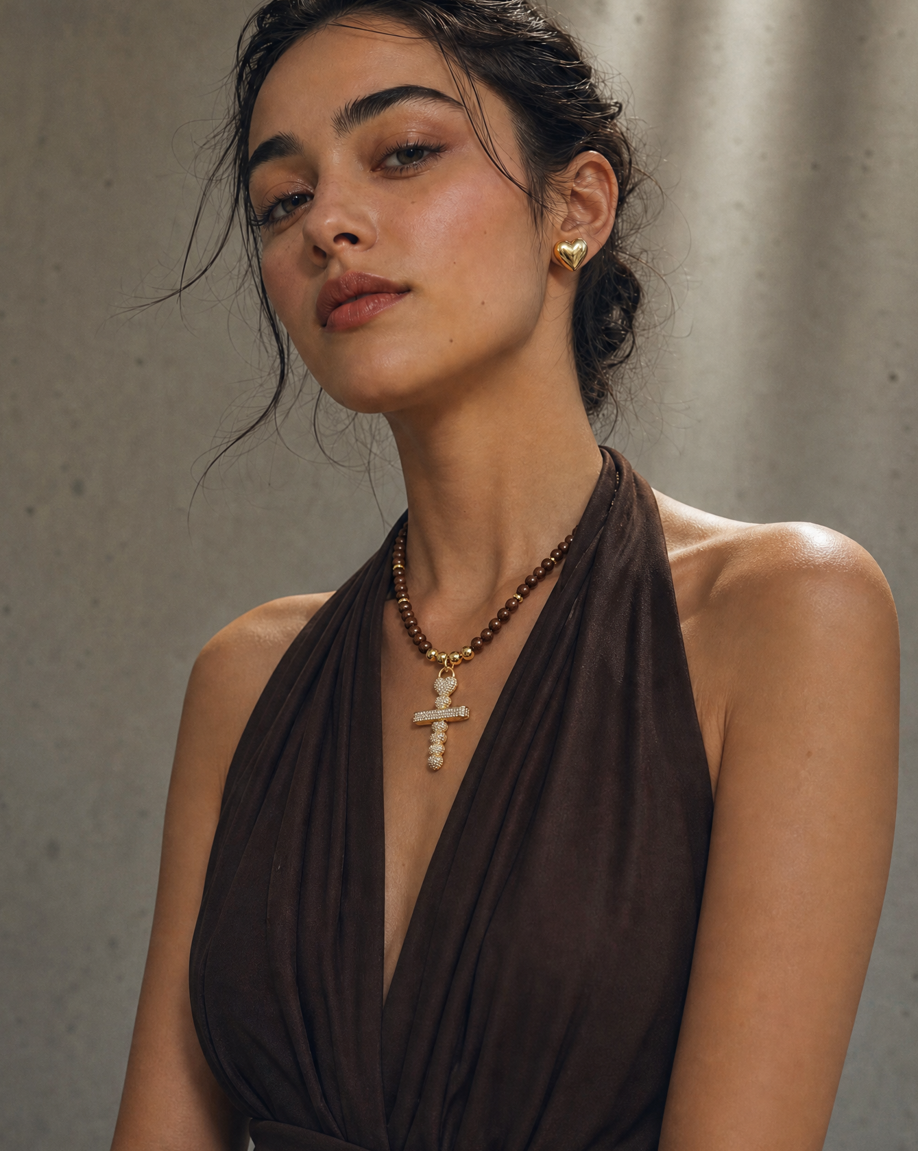Sacred Heart Set – Wooden Necklace with Heart Cross & Double Heart Ring