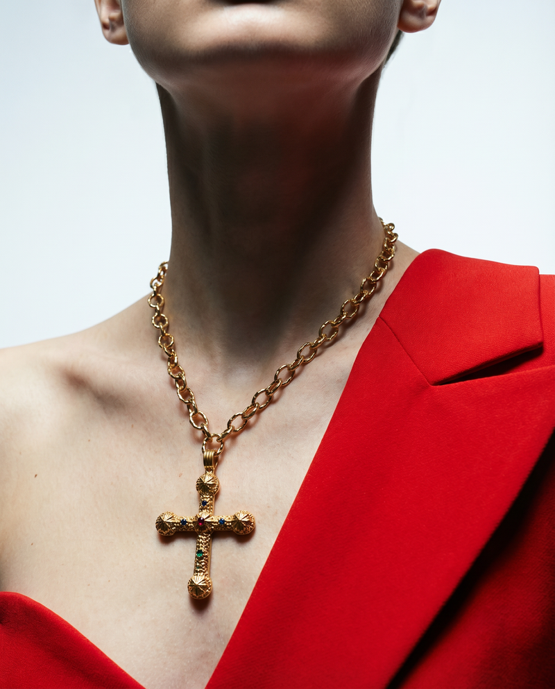 Byzantine Cross Necklace – Gold-Plated Stainless Steel with Multicolored Crystals