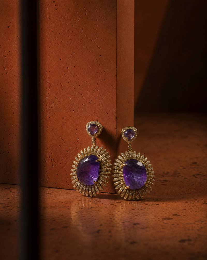 Amethyst Statement Earrings Gold | Natural Stone Handmade