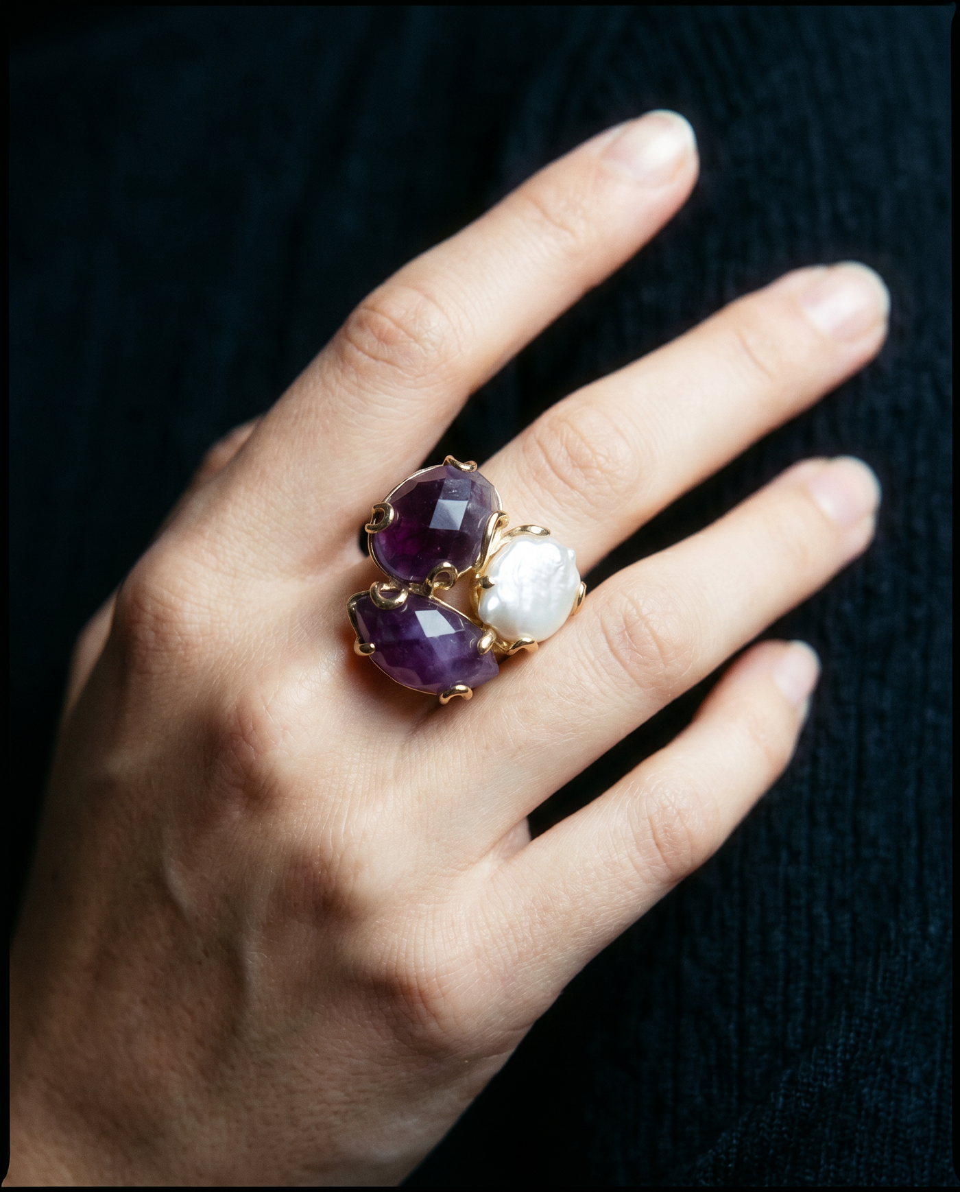 Multi-Stone Cluster Ring with Freshwater Pearl | Adjustable Open Band
