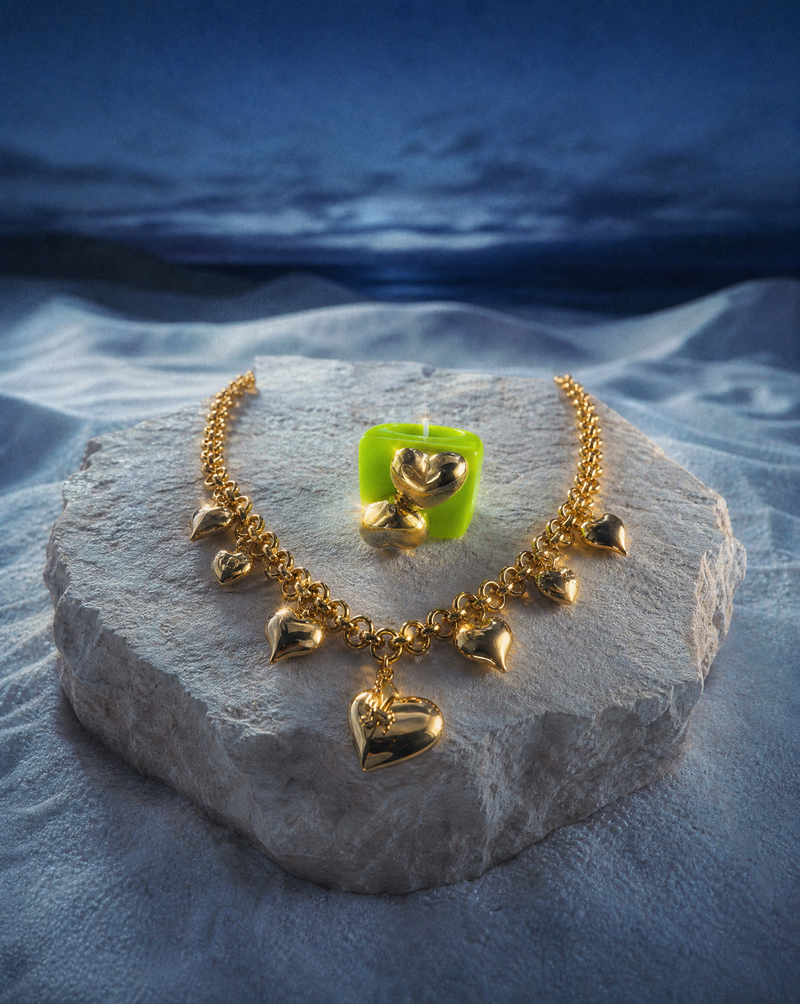 Puffy Heart Charm Necklace & Green Resin Ring Set