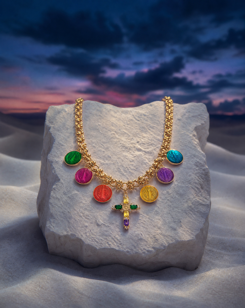Miraculous Medal Charm Necklace · Multicolor Enamel · Catholic Statement Jewelry