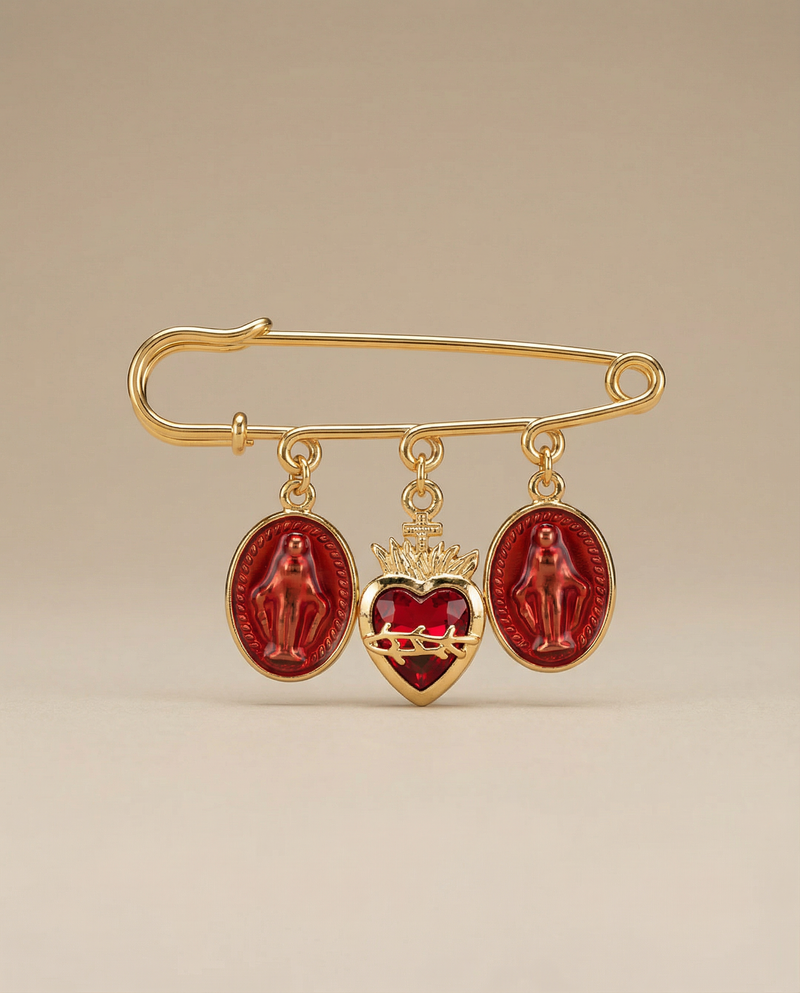 Safety Pin Brooch with Sacred Heart and Virgin Medal