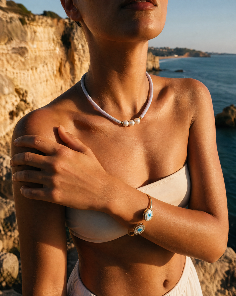 Evil Eye Protection Jewelry Set — Heishi Stone Necklace & Cuff · Natural Stone