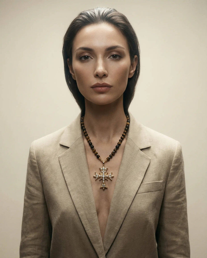 Tiger's Eye Bead Necklace with Maximalist Cross