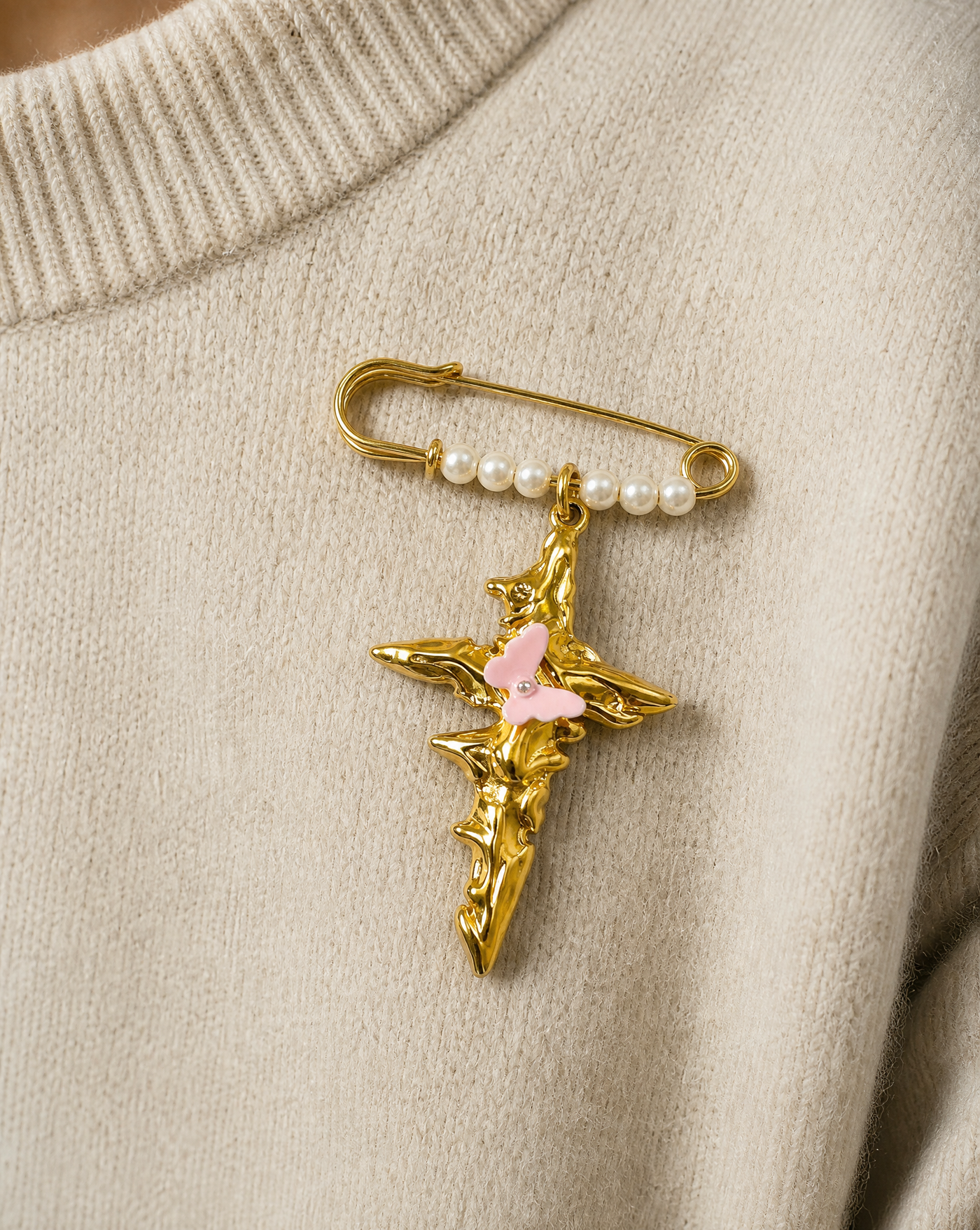 Gold Molten Cross & Butterfly Pearl Pin Brooch
