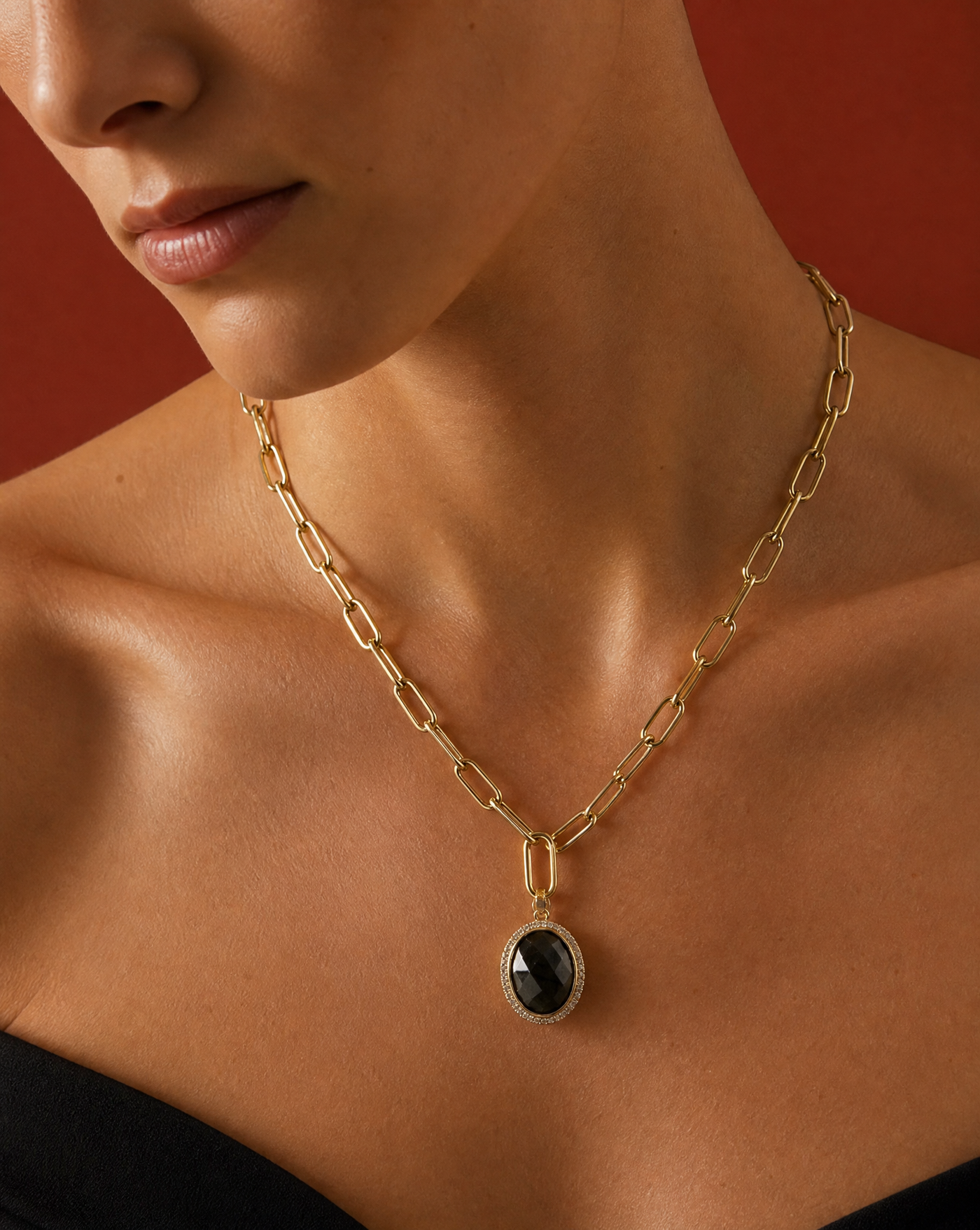 Natural Stone Oval Pendant Necklace | Paperclip Chain Layering Necklace