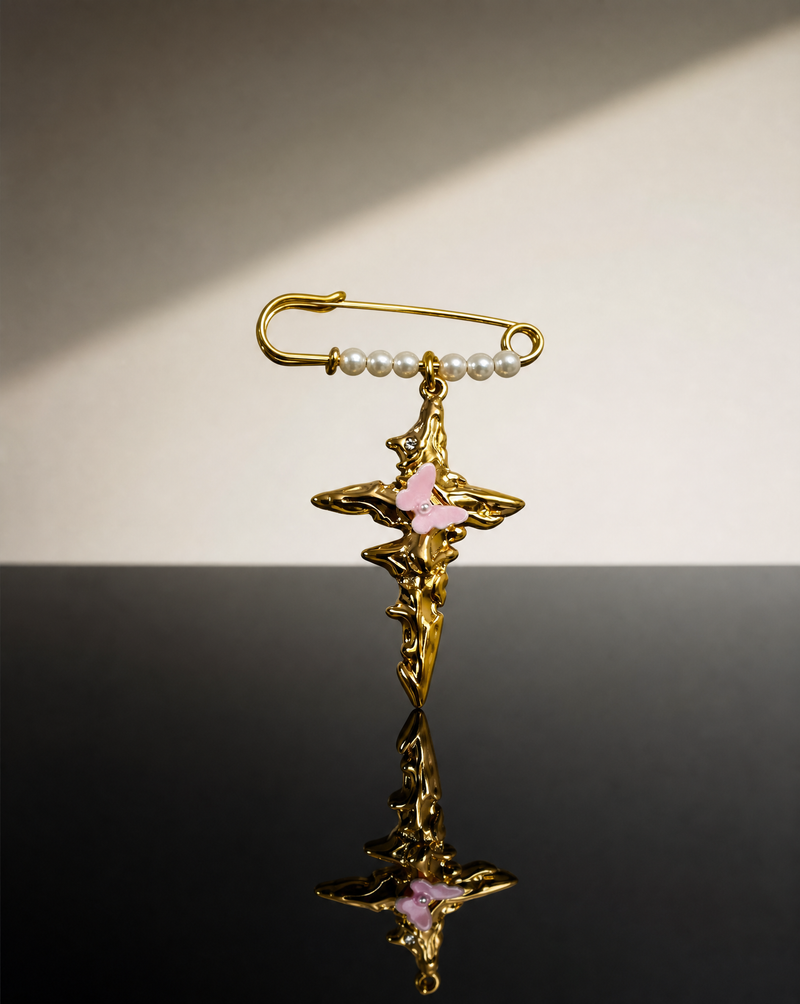 Gold Molten Cross & Butterfly Pearl Pin Brooch