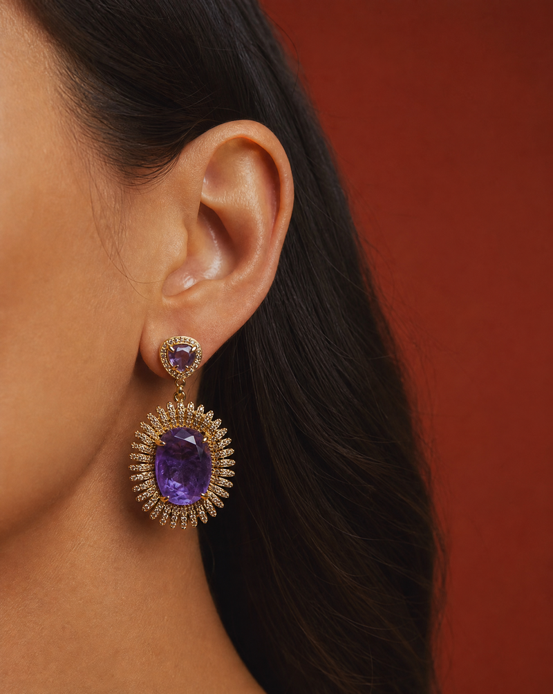 Amethyst Statement Earrings Gold | Natural Stone Handmade