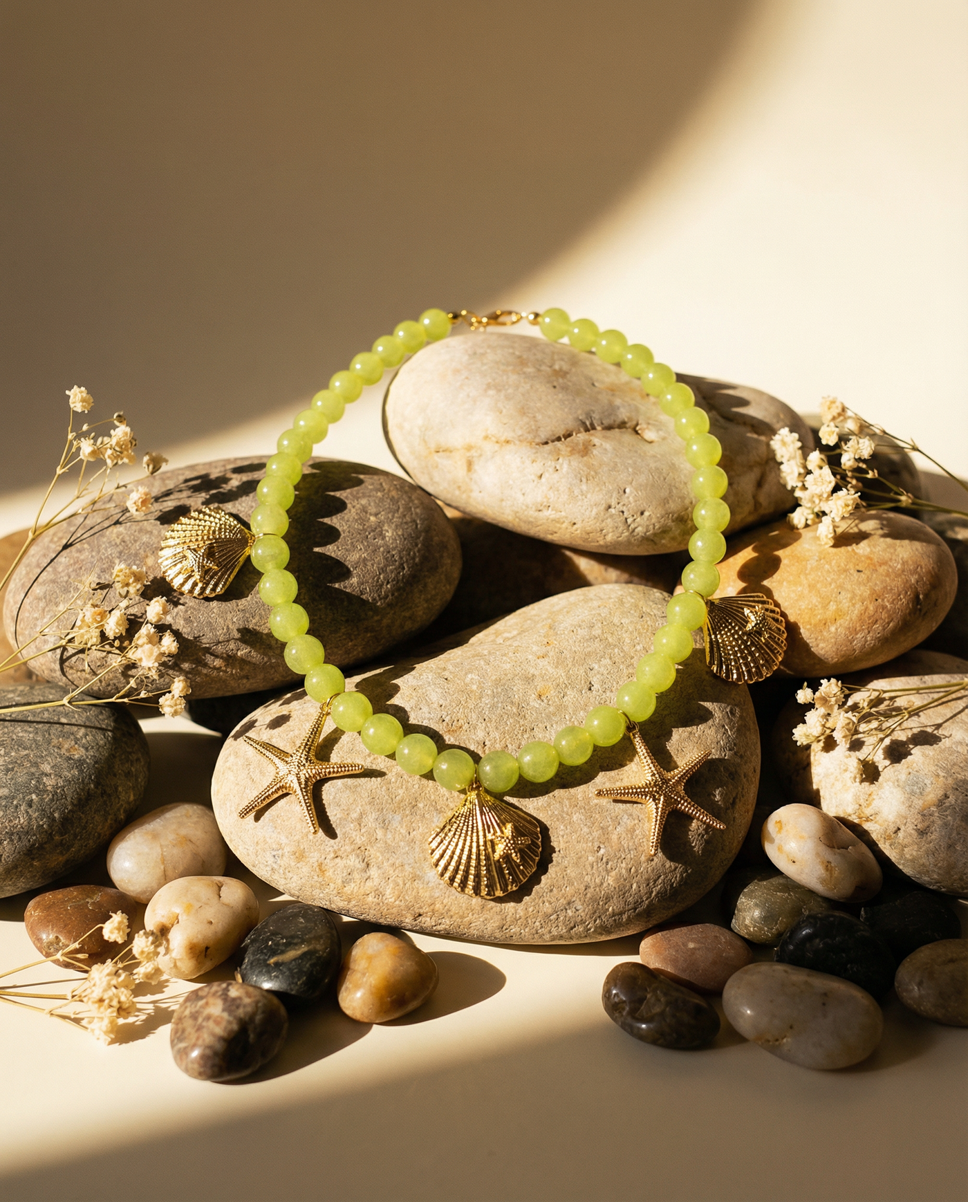 Natural Olive Jade Beaded Necklace with Gold Starfish