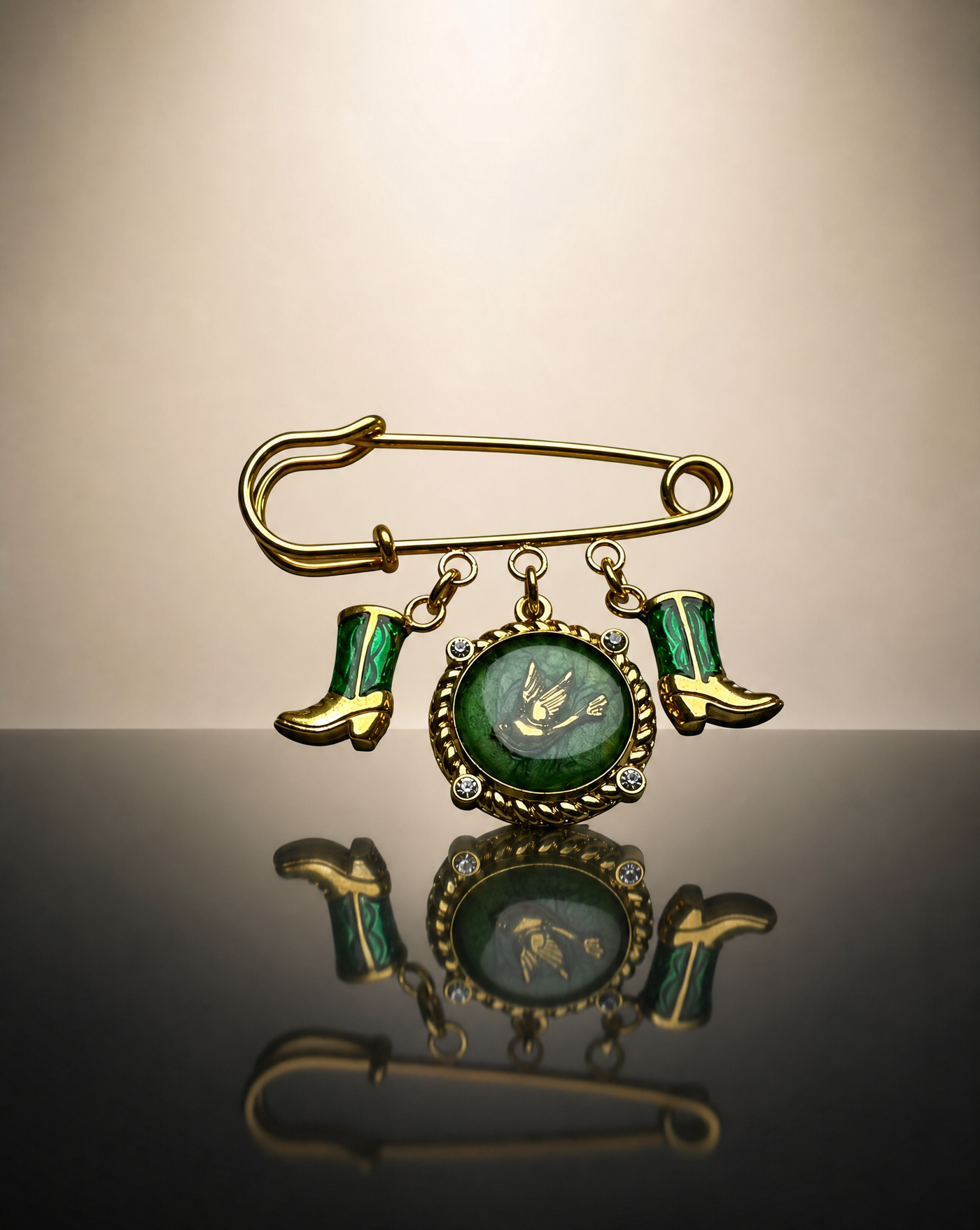 Cowboy Boots & Bird Pin | Green Western Statement Brooch
