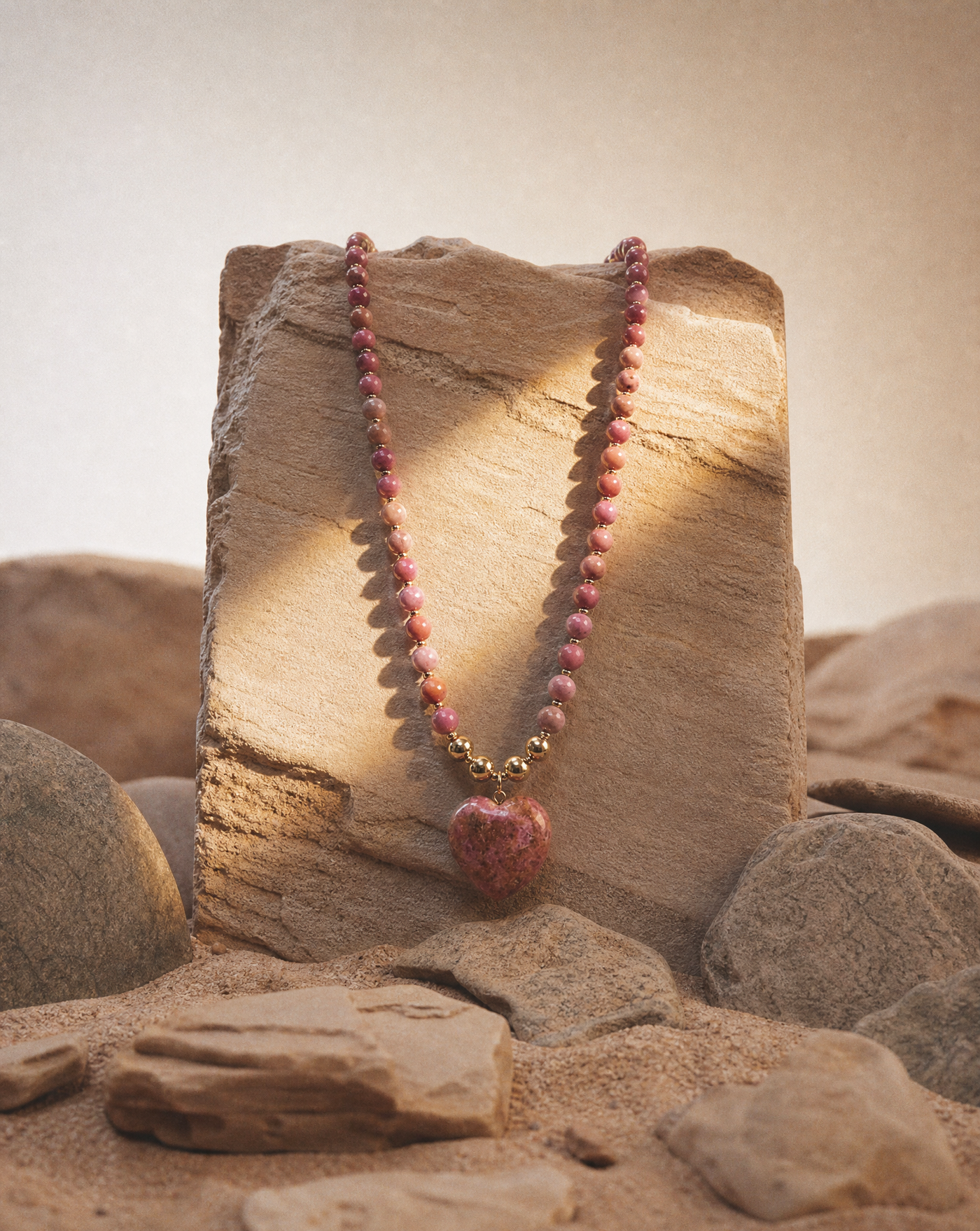 Rhodonite Beaded Necklace | Handmade Boho Heart Necklace