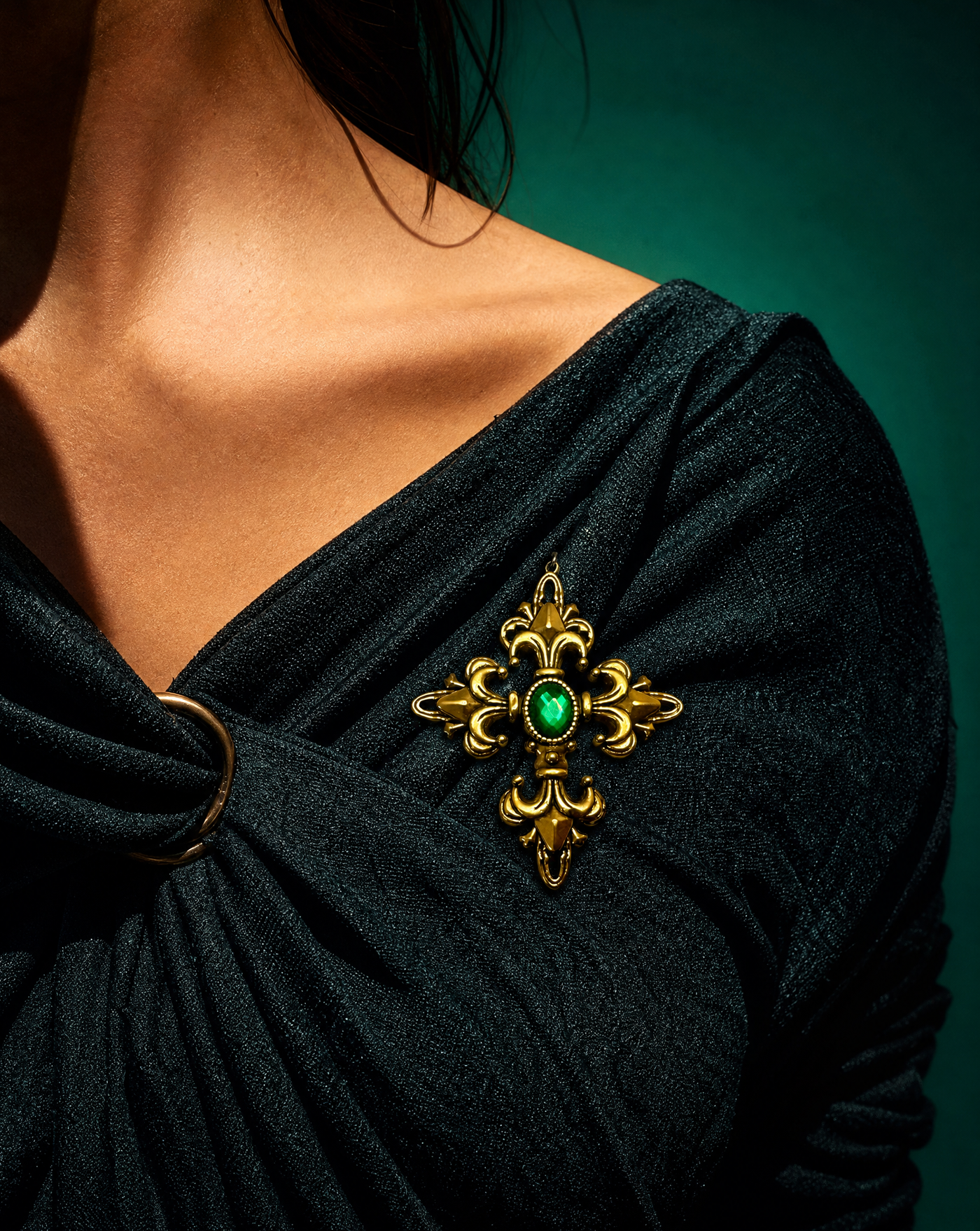 Ornate Cross Pin Brooch | Green Crystal Statement Jewelry