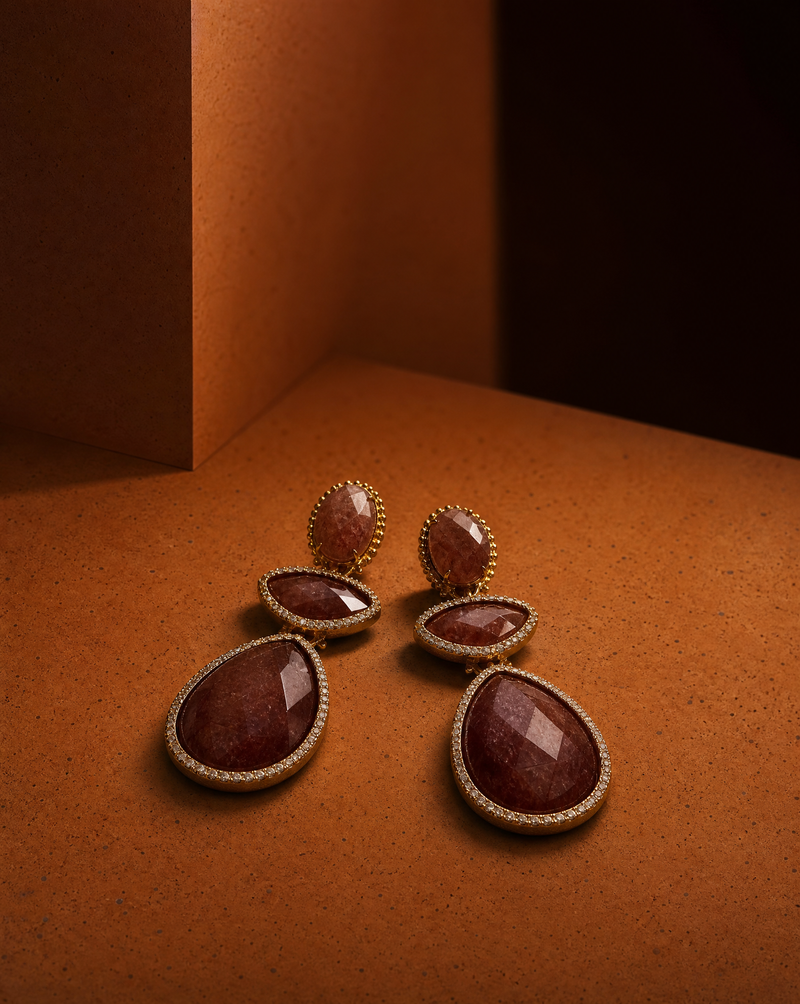 Strawberry Quartz Double Drop Statement Earrings | Gemstone Maximalist Earrings