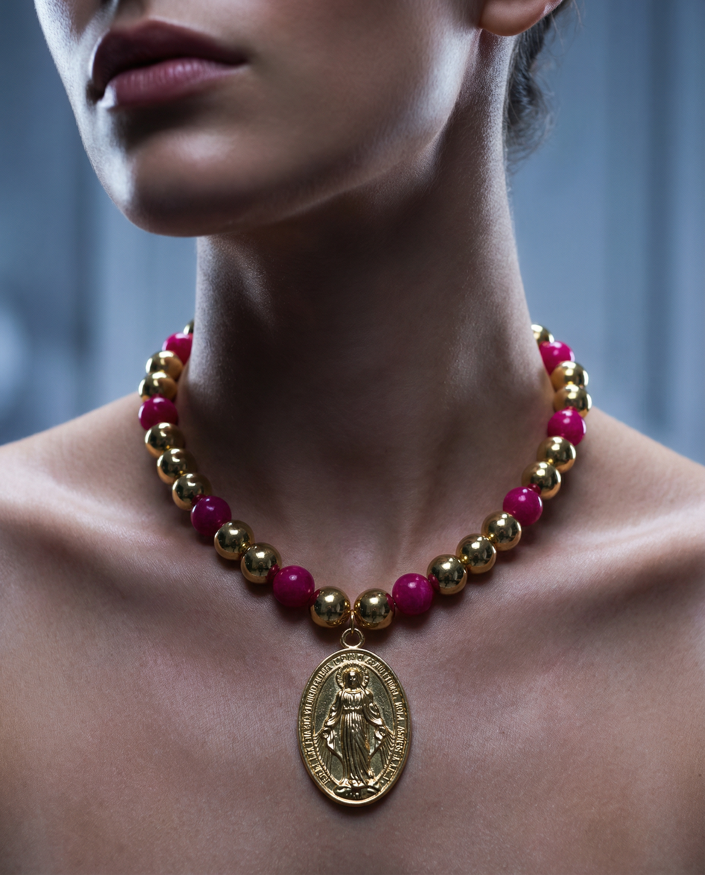 Fuchsia Acrylic Bead Necklace with Miraculous Medal