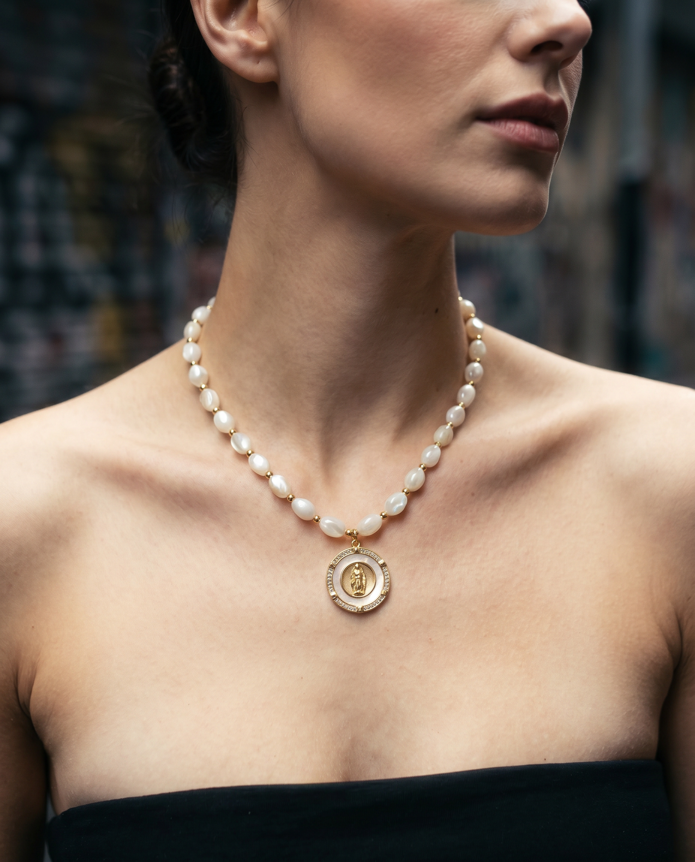 Virgin Mary Cat's Eye Pearl Necklace · Bridal
