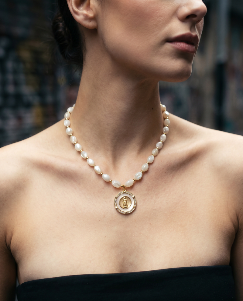 Virgin Mary Cat's Eye Pearl Necklace · Bridal