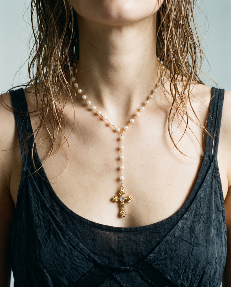 Sacred Cross Lariat — Pearls and Gold-Plated Brass