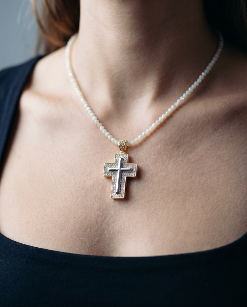 Pavé Cross & Shell Bead Necklace · Catholic Jewelry