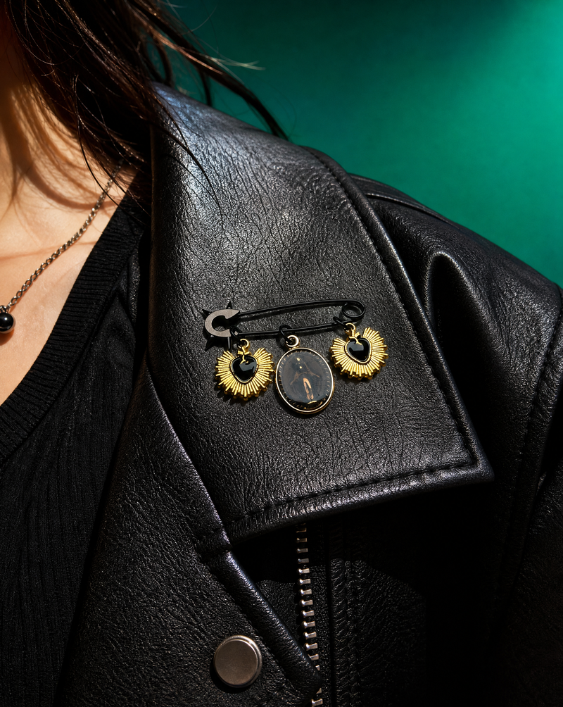 Guadalupe Pin Brooch Black Hearts | Sunburst Charm Handmade