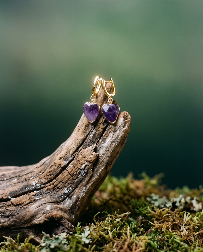 Handmade Amethyst Heart Huggie Earrings· Natural Gemstone