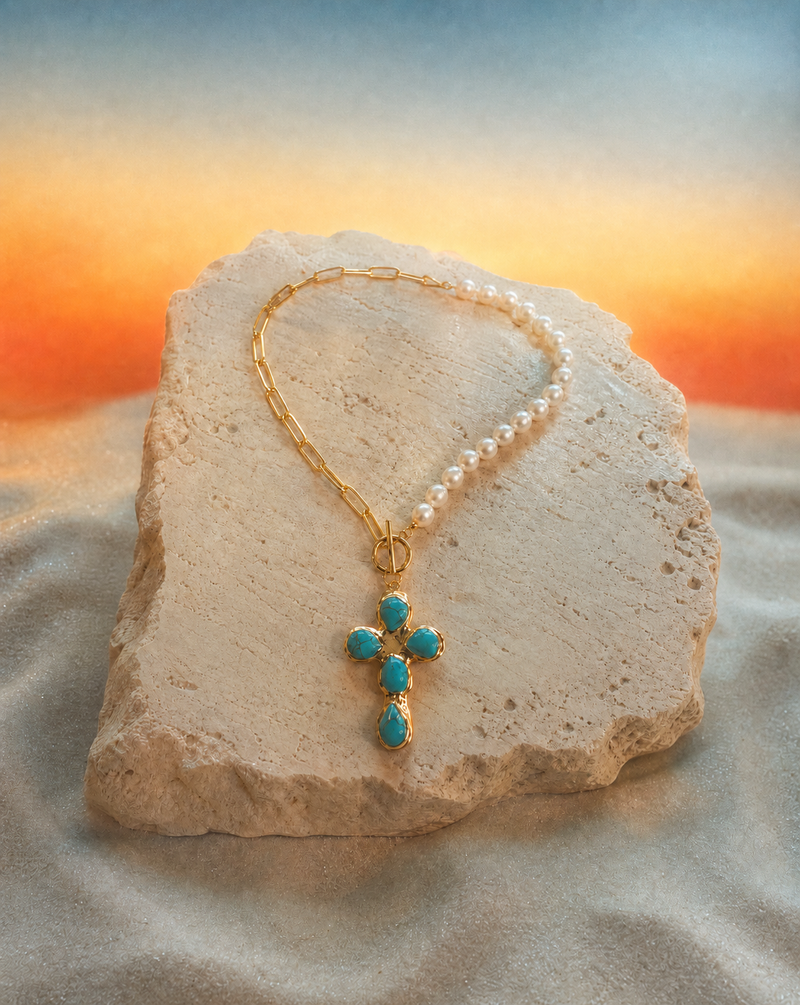 Turquoise Cross Pearl Necklace & Earring Set | Spiritual Jewelry
