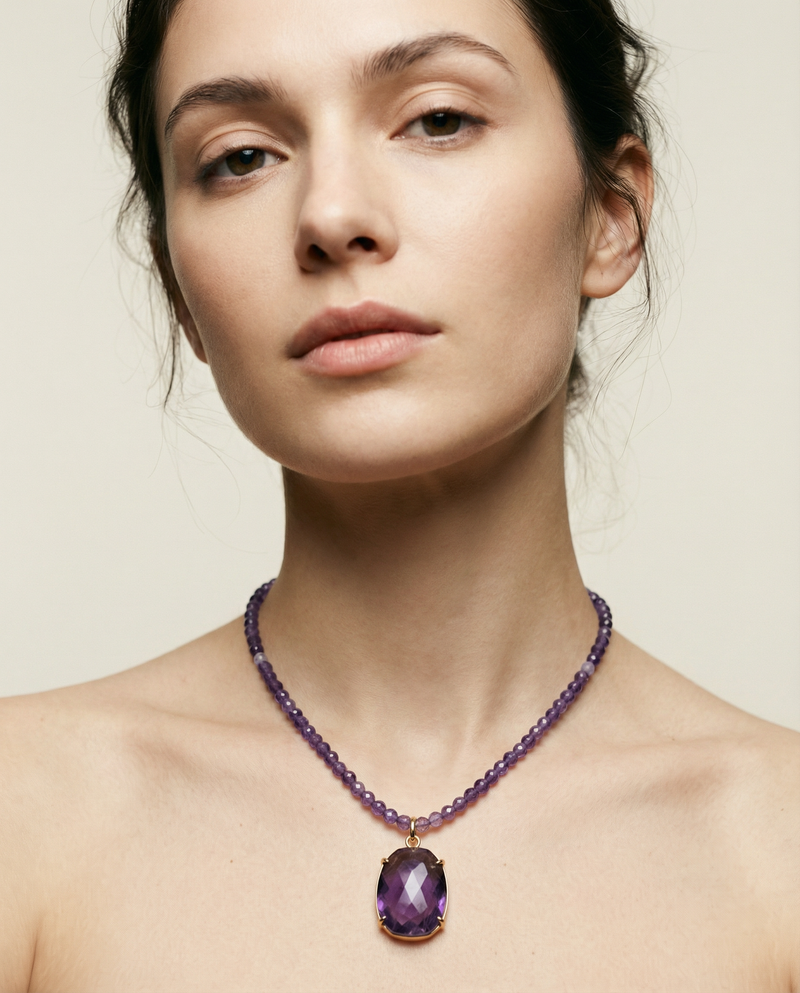 Amethyst Bead Necklace with Oval Pendant