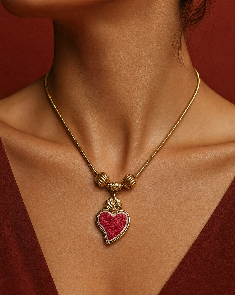 Embroidered Sacred Heart Necklace | Handmade Gold Flame Heart