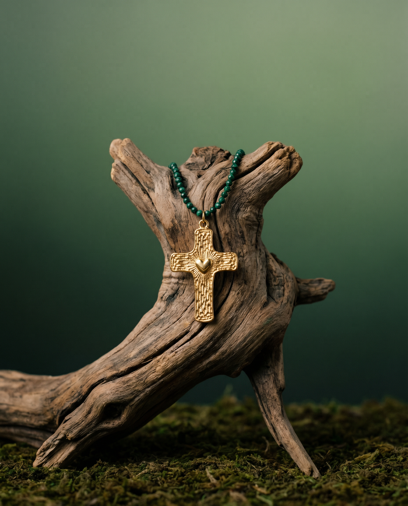 Sacred Heart Cross & Malachite Bead Necklace
