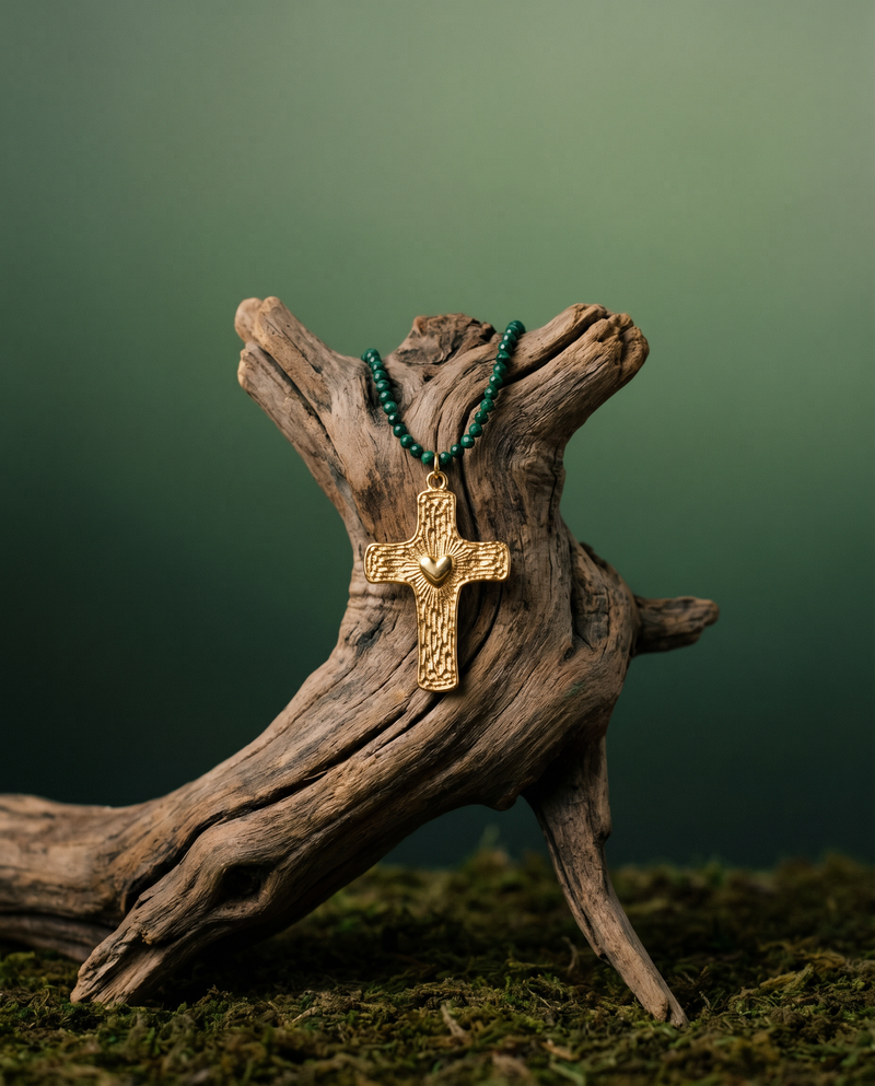 Sacred Heart Cross & Malachite Bead Necklace