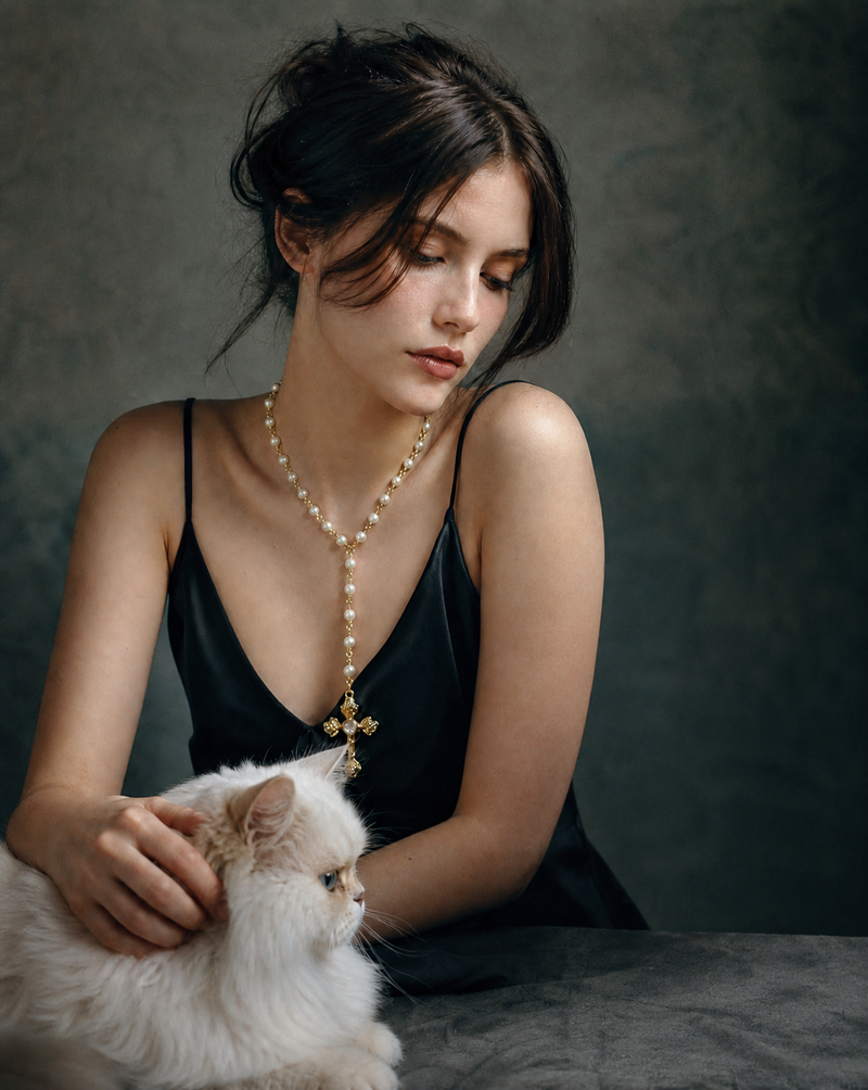 Sacred Cross Lariat — Pearls and Gold-Plated Brass