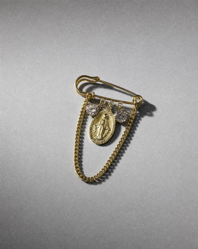 Devotional Pin Brooch | Miraculous Mary Medal & Crystal Pin Brooch