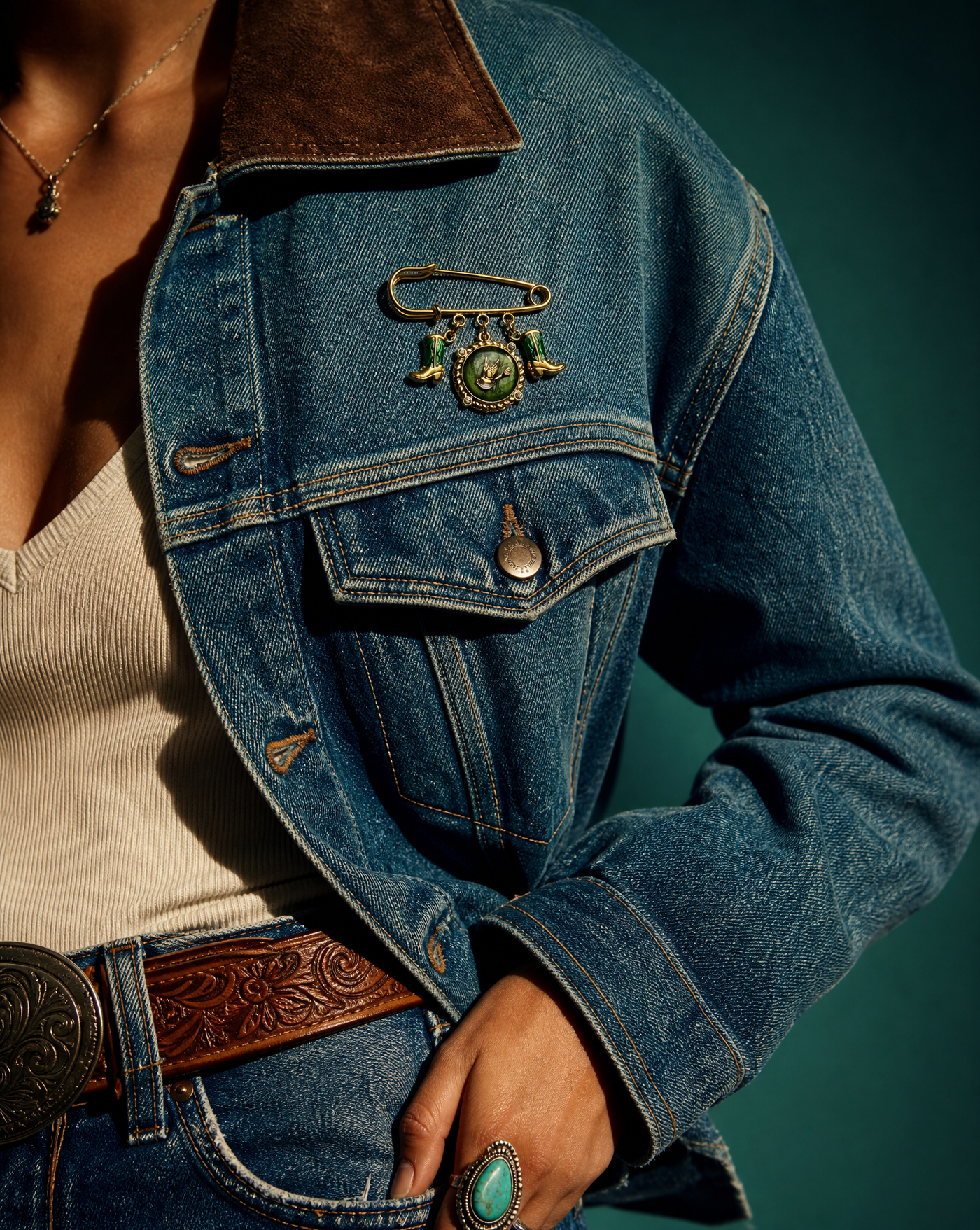 Cowboy Boots & Bird Pin | Green Western Statement Brooch