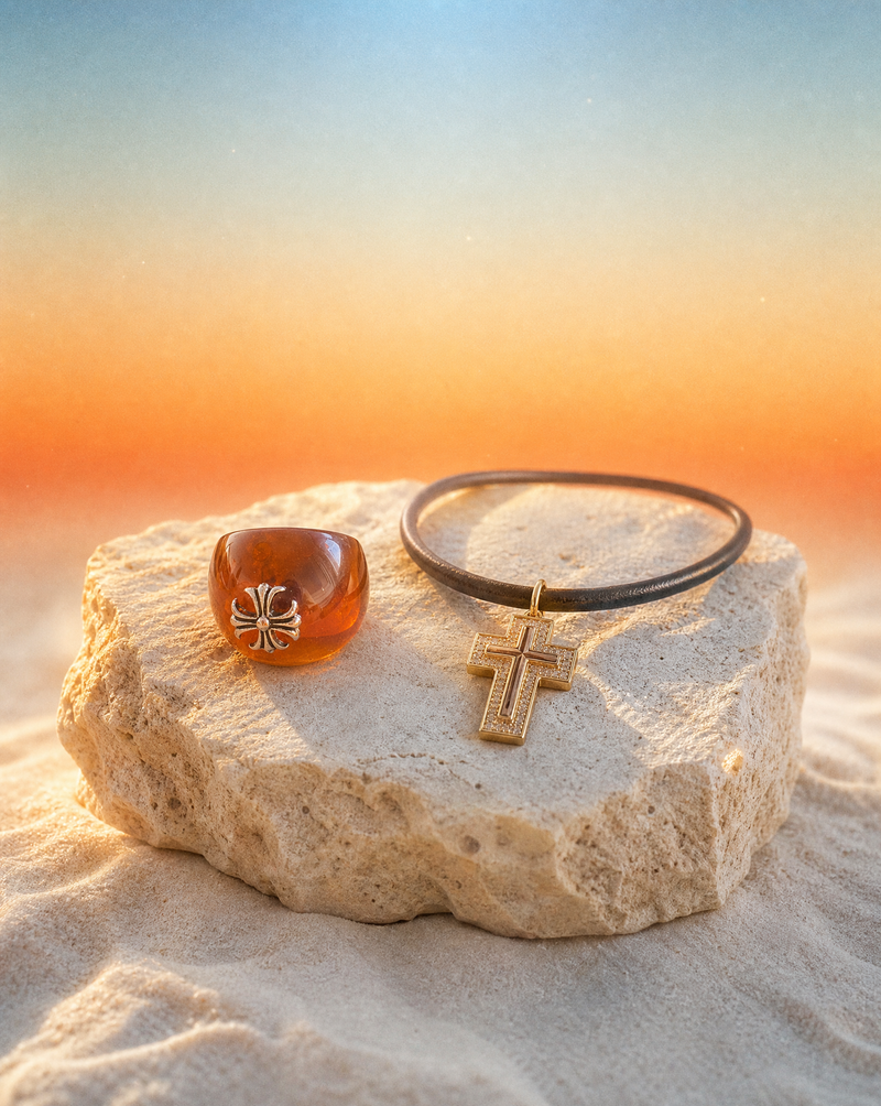 Pavé Cross Cord Necklace & Resin Ring Set