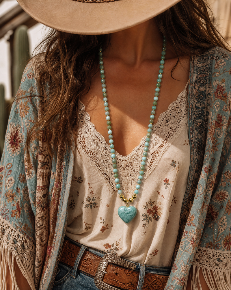 Amazonite Beaded Necklace | Handmade Boho Heart Necklace