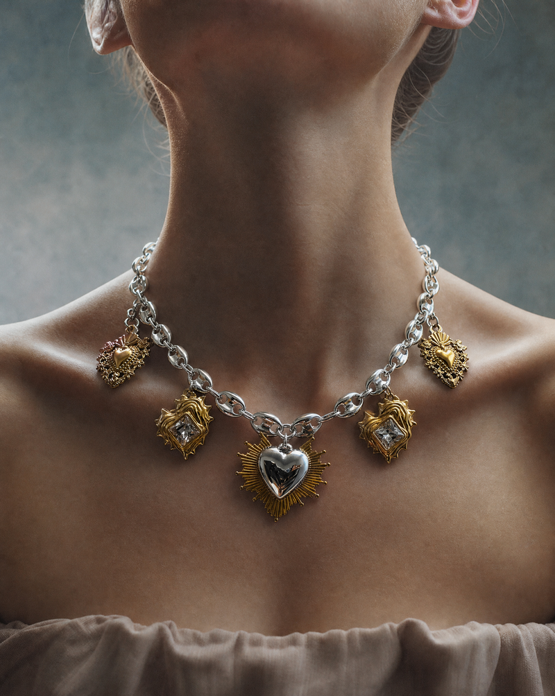 Sacred Heart Multi-Charm Silver Chain Necklace