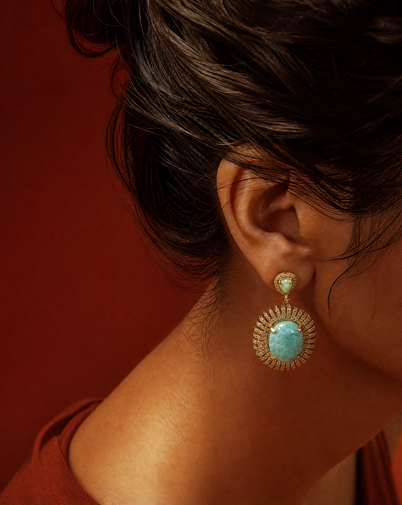 Amazonite Statement Earrings Gold | Natural Stone Handmade