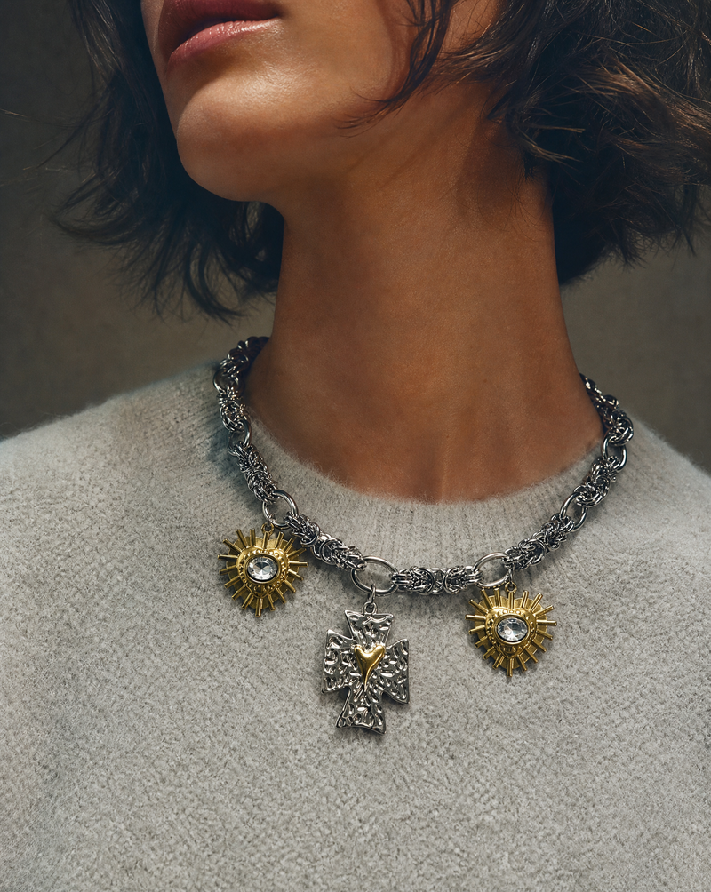 Sacred Heart Cross & Sunburst Charm Chain Necklace
