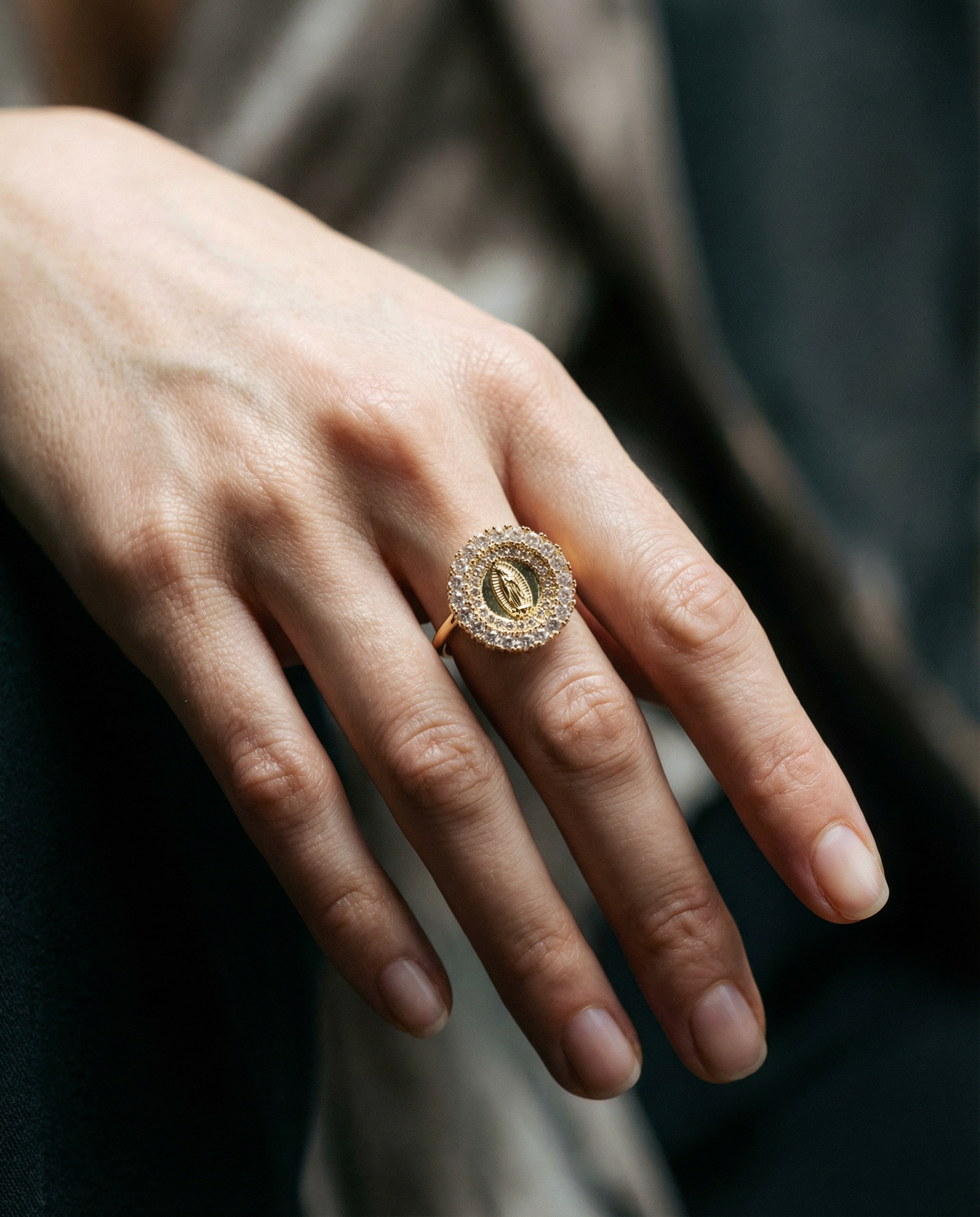 Catholic ring with the Virgin Mary and a cubic zirconia halo