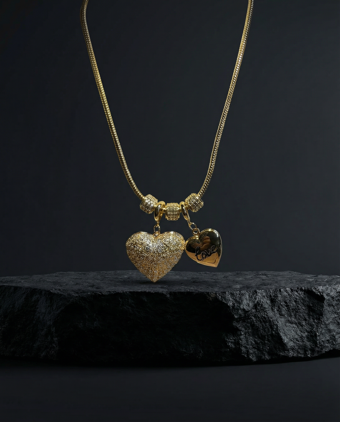 Necklace with Cubic Zirconia Hearts and Customizable Locket