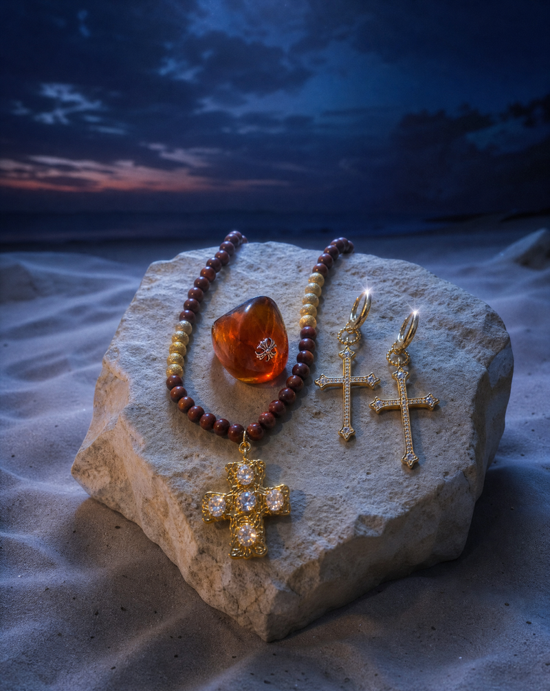 Wood Bead Cross Necklace, Pavé Cross Drop Earrings & Amber Resin Ring Set | Catholic Jewelry