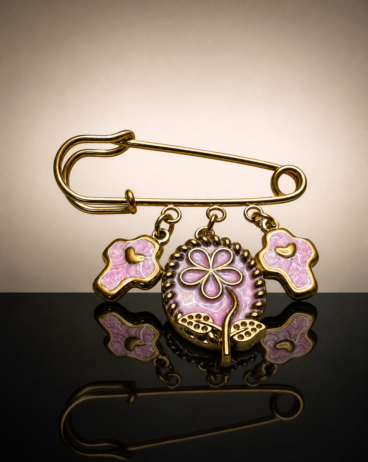 Safety Pin Brooch with Flower & Cross Charms