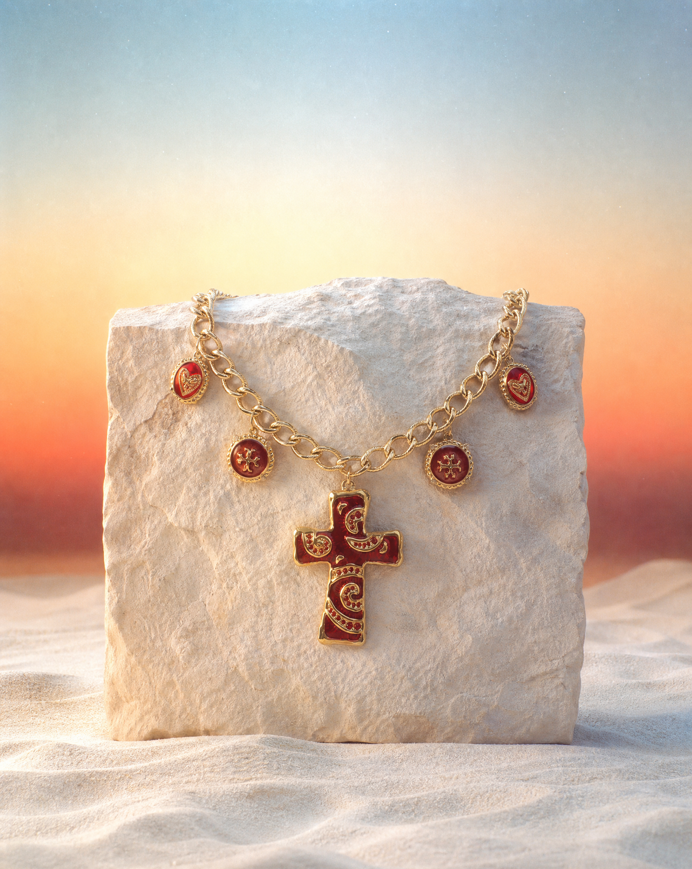 Gold Red Cross Chain Necklace
