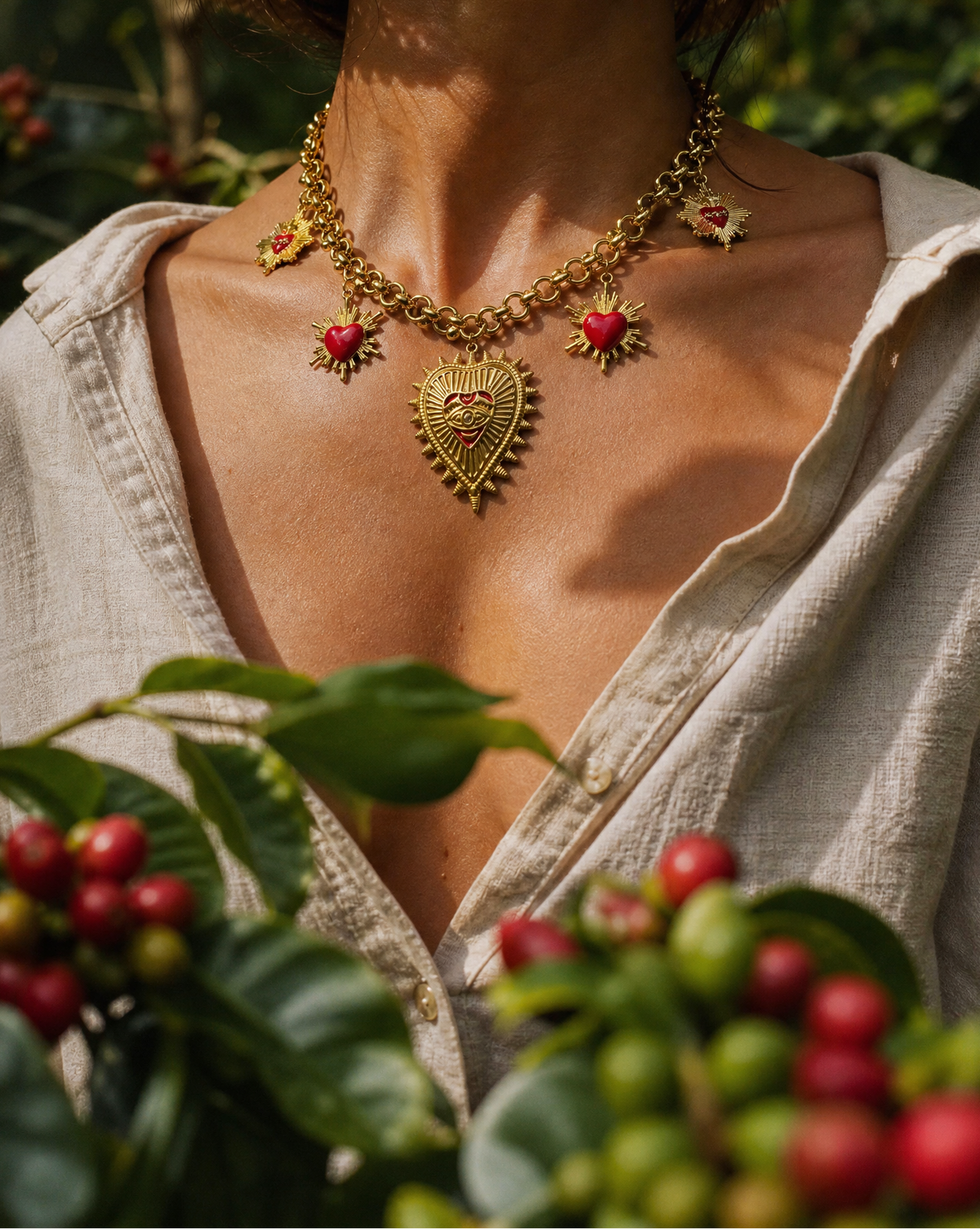 Sacred Heart Necklace in Gold with Red Enamel