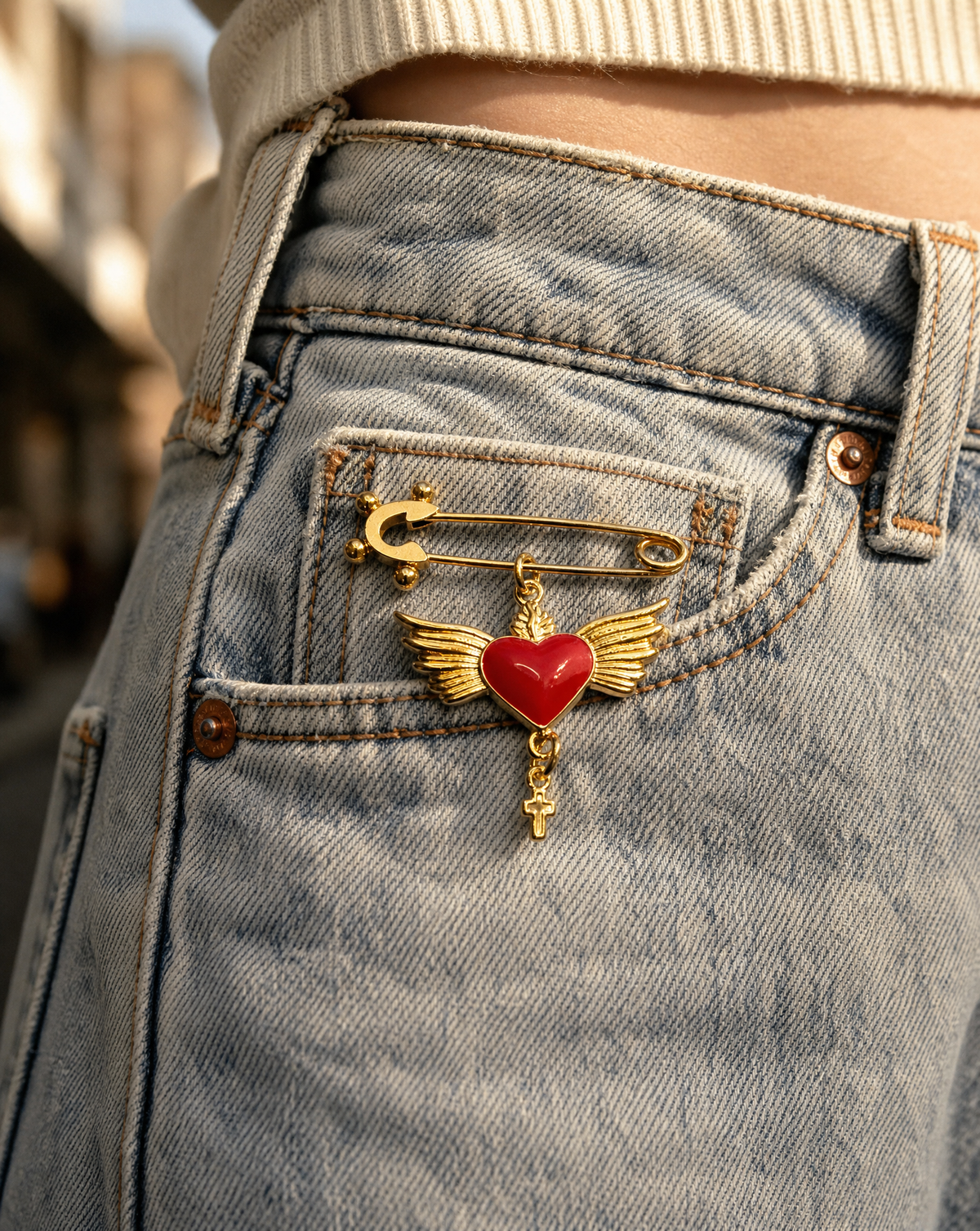 Winged Heart Pin with Hanging Cross | Red Devotional Brooch