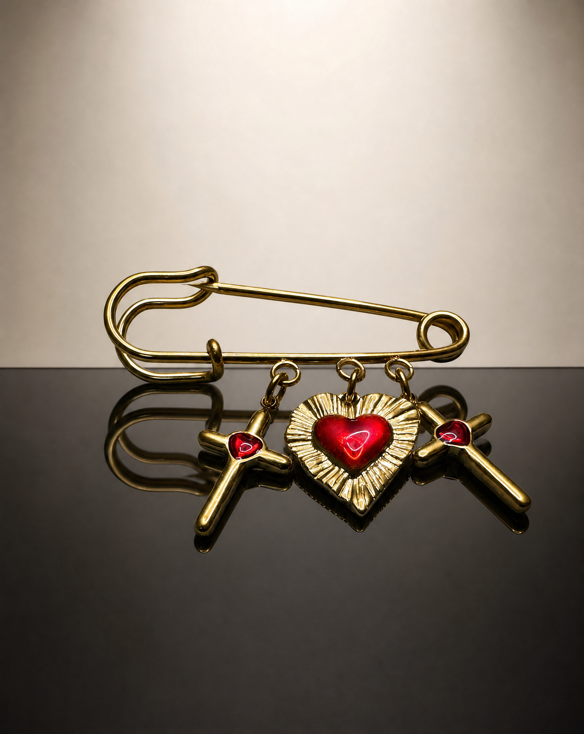 Cross Heart Sunburst Pin Brooch | Red Enamel Charm Handmade