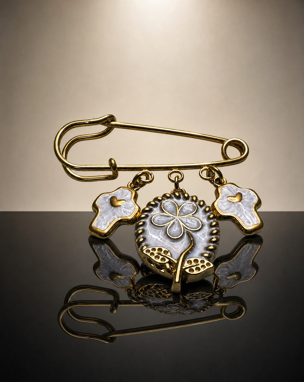 Safety Pin Brooch with Flower & Cross Charms
