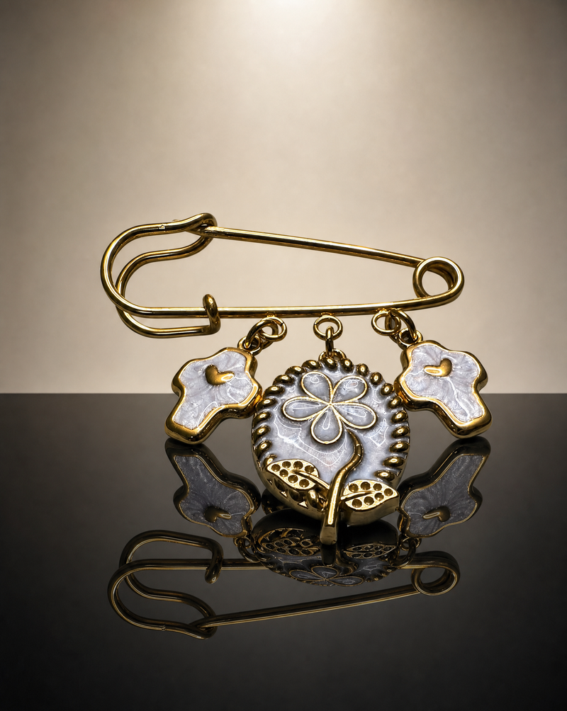 Safety Pin Brooch with Flower & Cross Charms